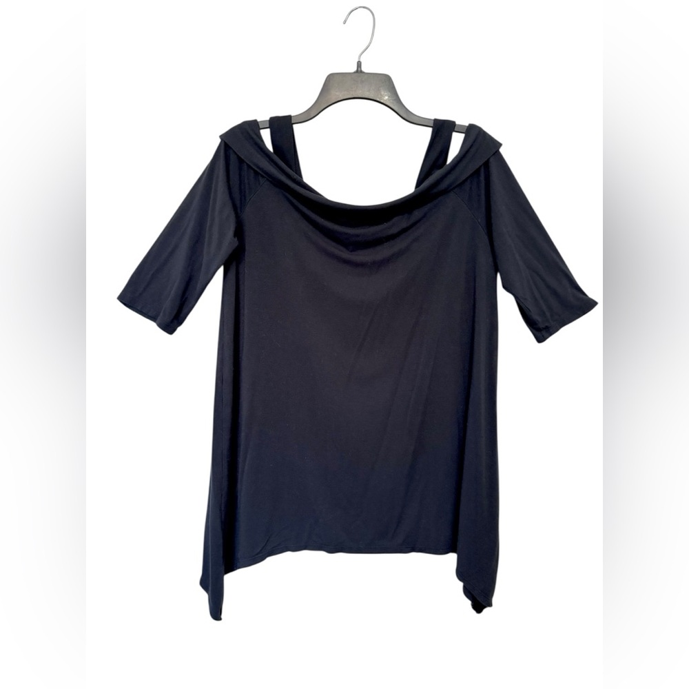 Nine Four One Womens L Black Stretch Knit Cold Shoulder Shark Bite Hem Tunic Top